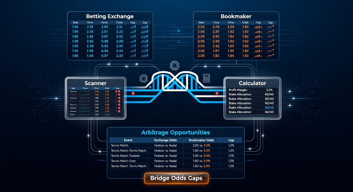 Close-up of an arbitrage calculator interface computing stakes for a cross-platform bet, with exchange lay and bookmaker back odds side-by-side showing 3.8% profit