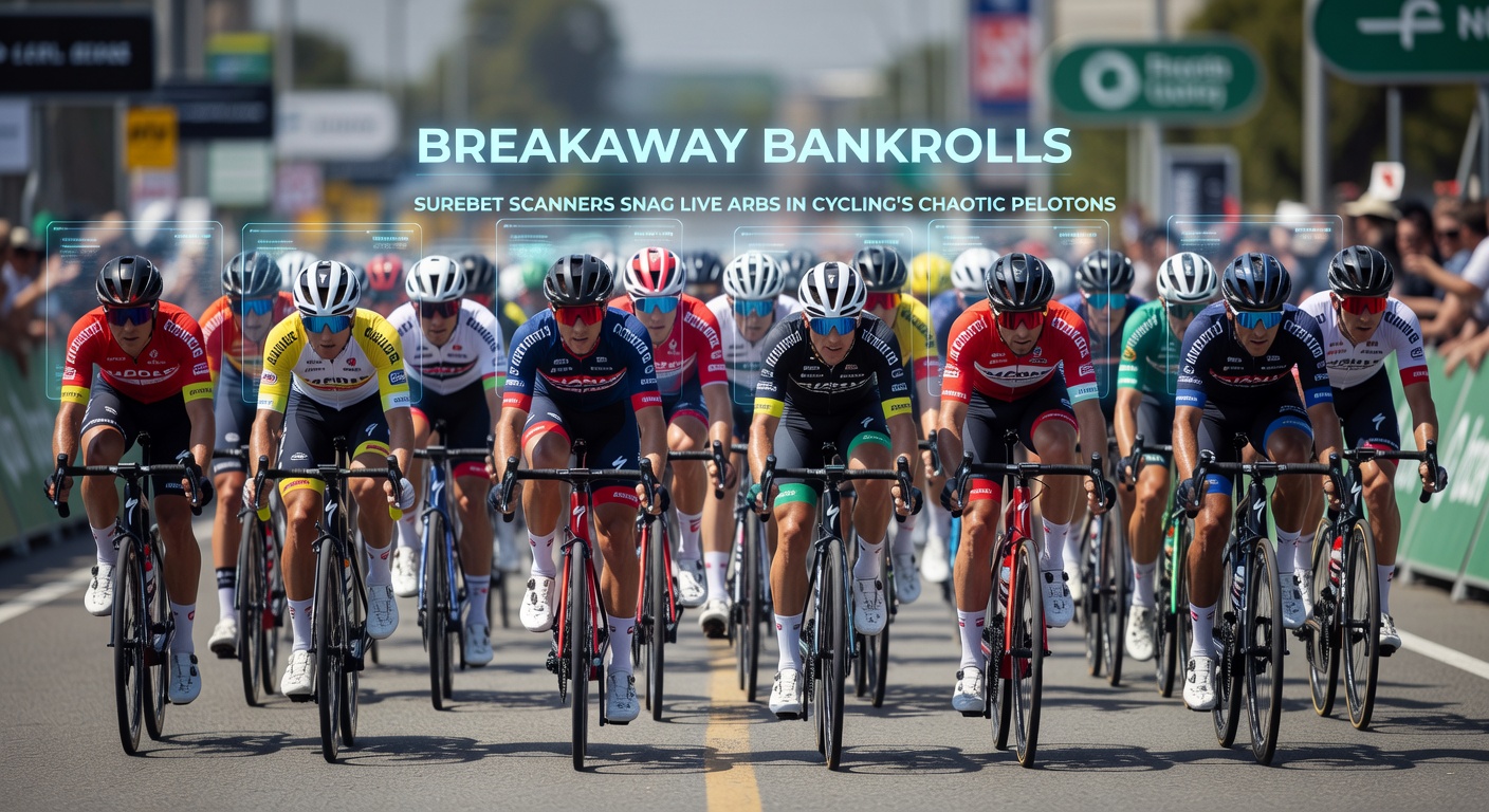 Screenshot of a surebet scanner interface highlighting a live arbitrage opportunity during a cycling breakaway, with odds from multiple bookmakers displayed and profit calculations shown