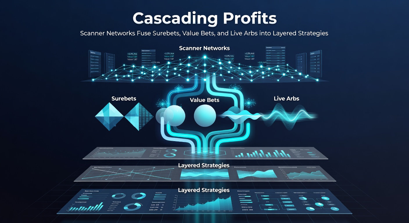 Detailed flowchart depicting a cascading profit strategy: surebets funding value bets, which roll into live arbs, with profit multipliers shown across bookmaker icons