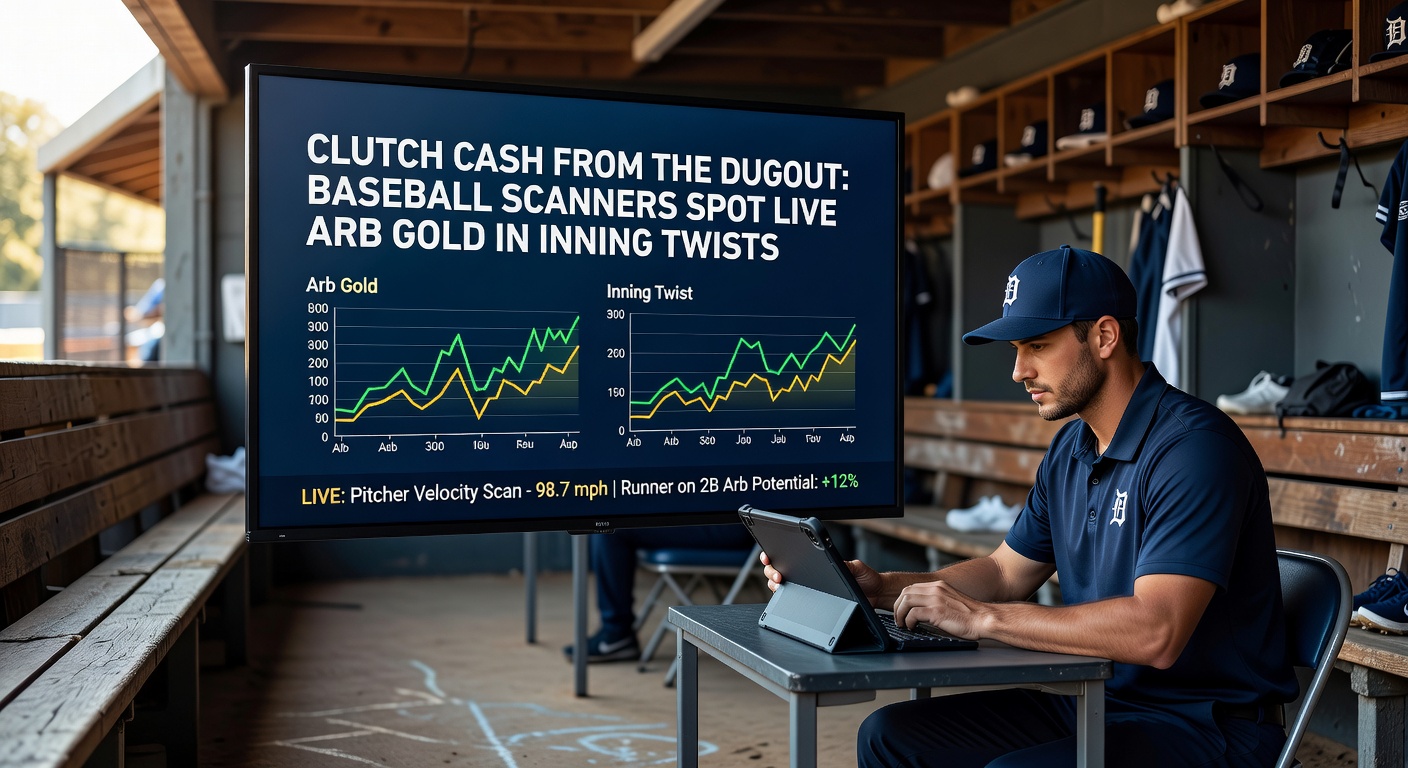 Close-up of an MLB game in progress with overlaid graphics showing inning-specific odds discrepancies on a scanner dashboard