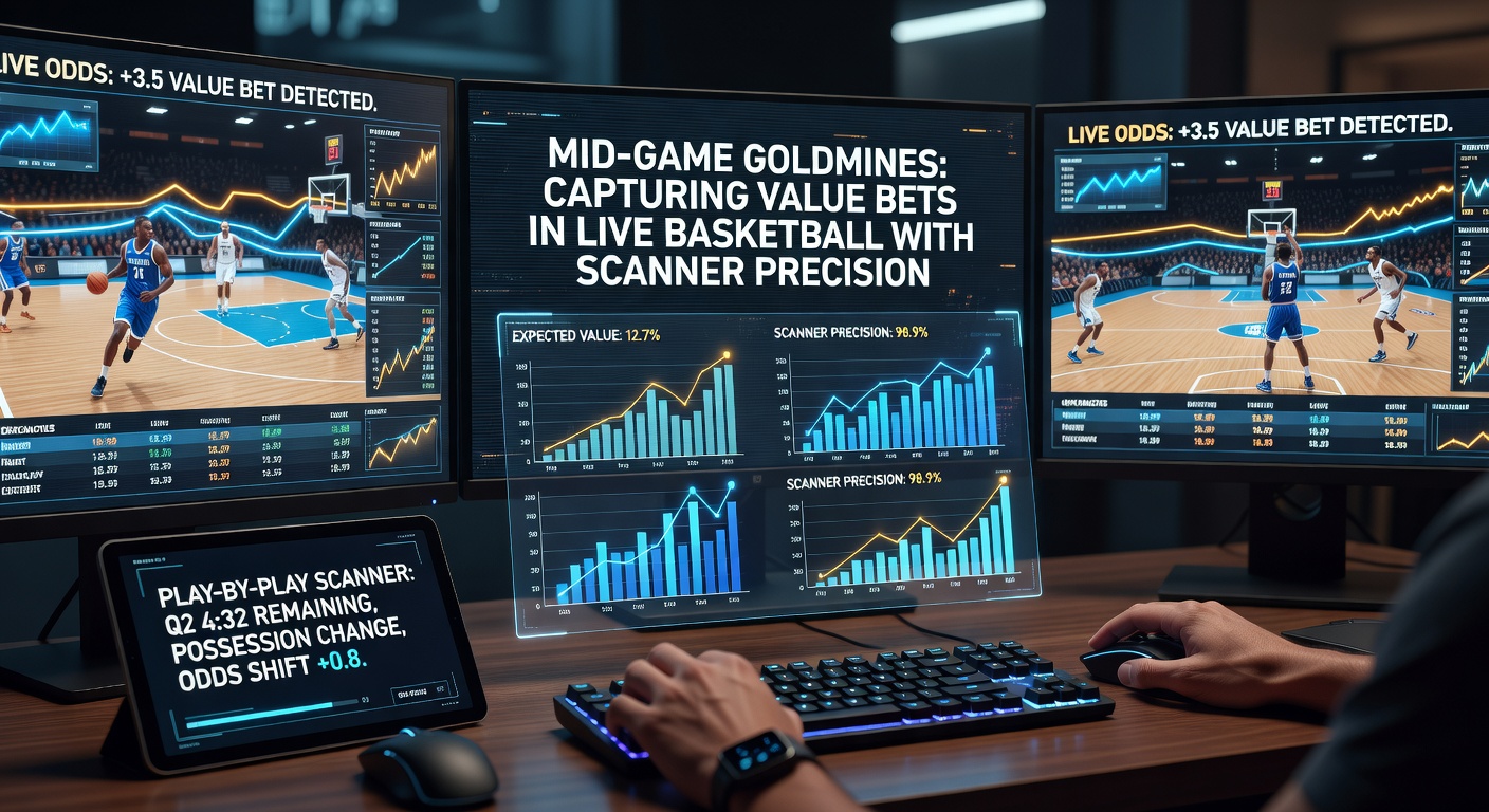 Close-up of a betting scanner dashboard displaying real-time value bets in a live NBA game, with highlighted odds discrepancies across multiple sportsbooks