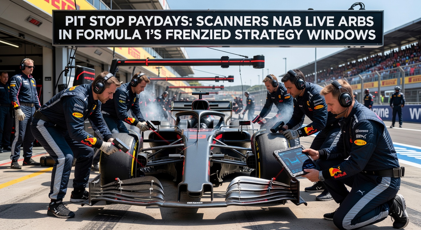 Close-up of a scanner dashboard highlighting a live F1 pit stop arbitrage opportunity, with odds from multiple bookmakers aligned for profit