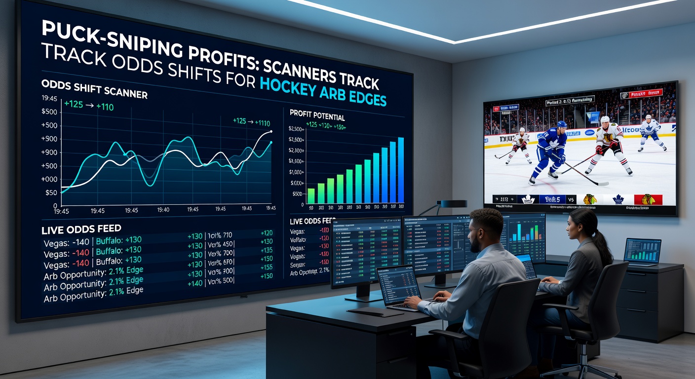Hockey rink action shot with overlaid graphics showing real-time odds changes from a scanner dashboard during a power play
