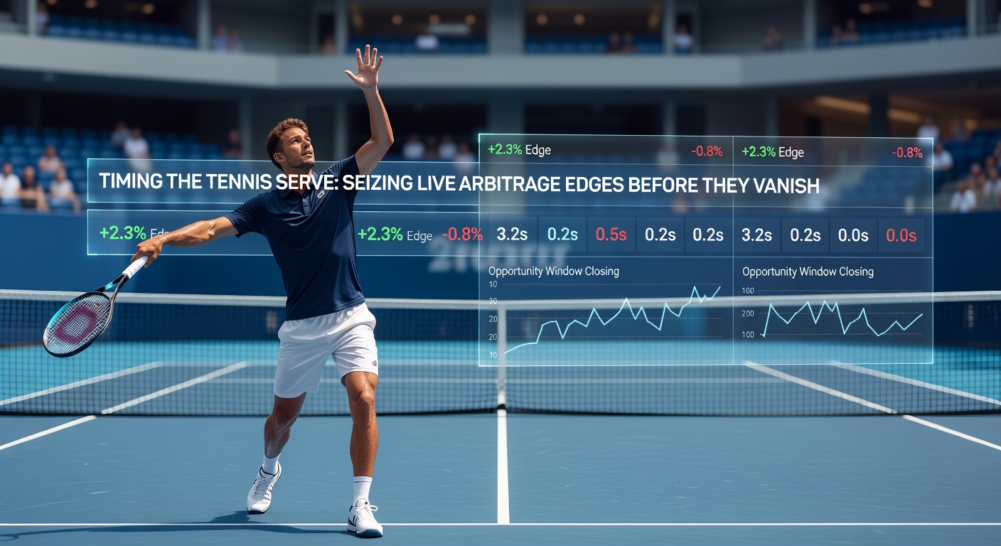 Split-screen view of live tennis odds fluctuating across multiple bookmaker interfaces during a serve, with highlighted arbitrage opportunity