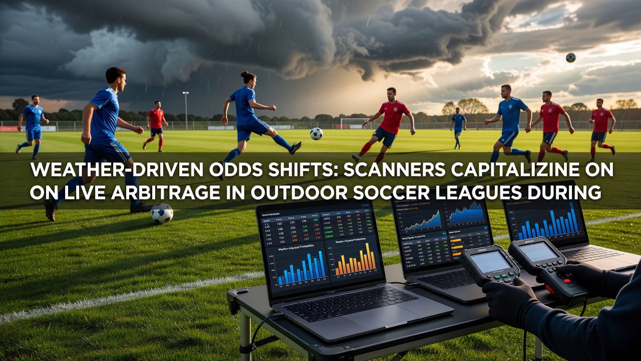 Close-up of betting scanner dashboard showing live soccer odds discrepancies during a weather delay with highlighted arbitrage alerts